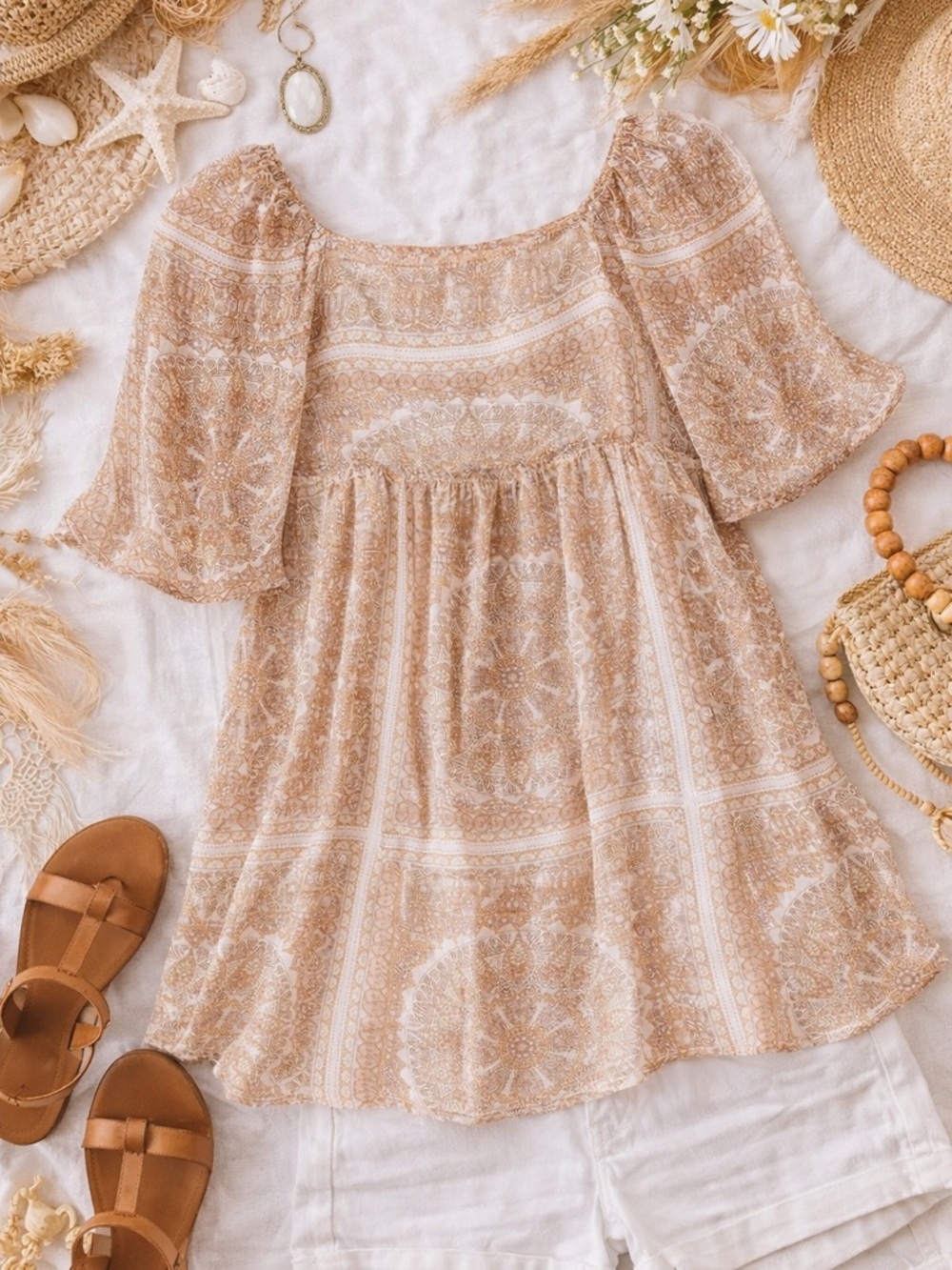 Bohemian Tan and Cream Square Neck Tunic